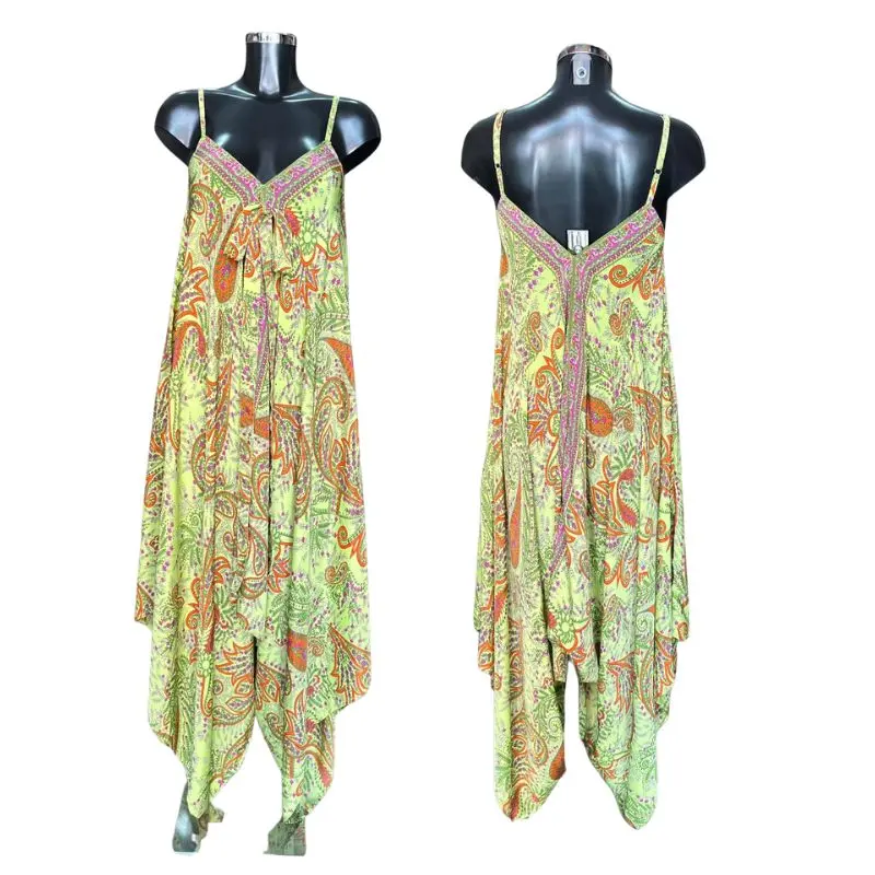 Adjustable Silk 2in1 Jumpsuit Green Floral Paisley