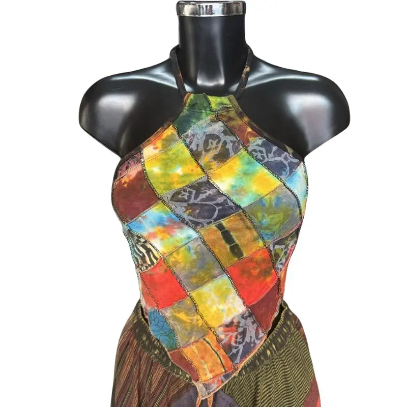 Adjustable Cotton Patches Tie-Dye Diamond Crop Top