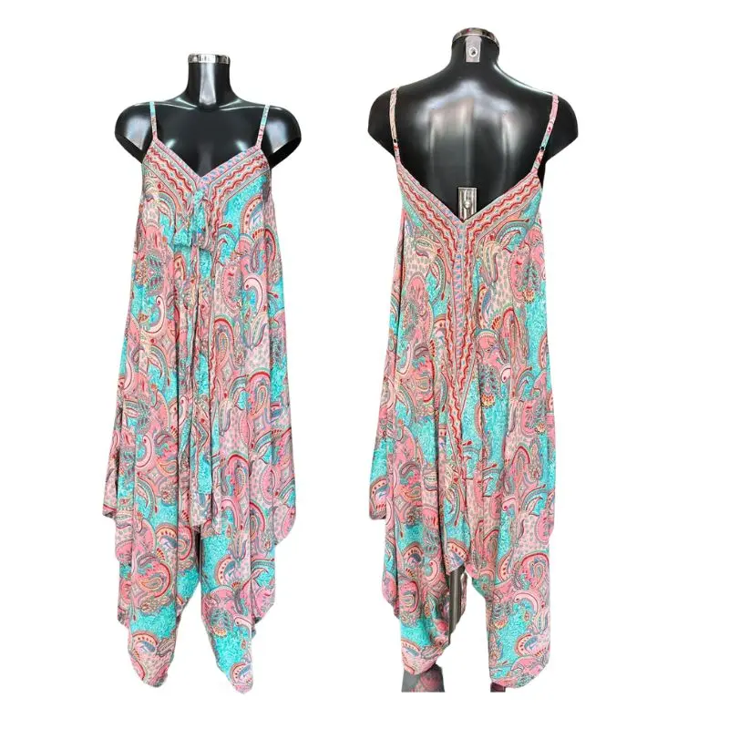 Adjustable Silk 2in1 Jumpsuit Floral Paisley Pink-Blue