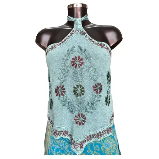 [HW305] Adjustable Arrow Halter neck Crop Top Washed-Blue