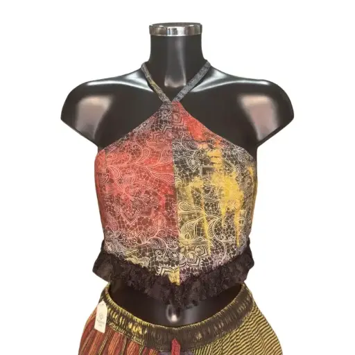 [HW344] Adjustable Cotton Halter Top Triangle with Folk Print