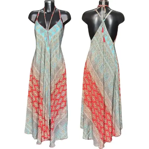[HW369] Silk Adjustable Dress Red-Blue Paisley